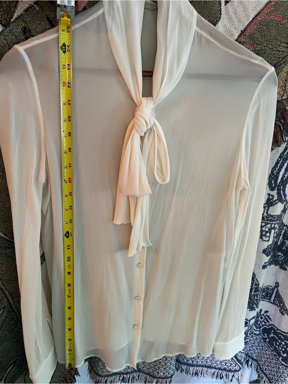 Saint Laurent Ivory Tie-Neck Sheer Blouse - Picture 12 of 14